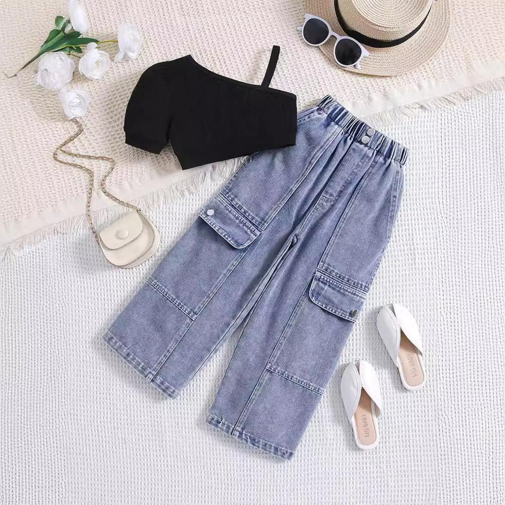 Комплект одежды для девочек: Летний детский однотонный свитер с короткими рукавами и открытыми плечами, комплект из двух предметов из денима с множеством пуговиц