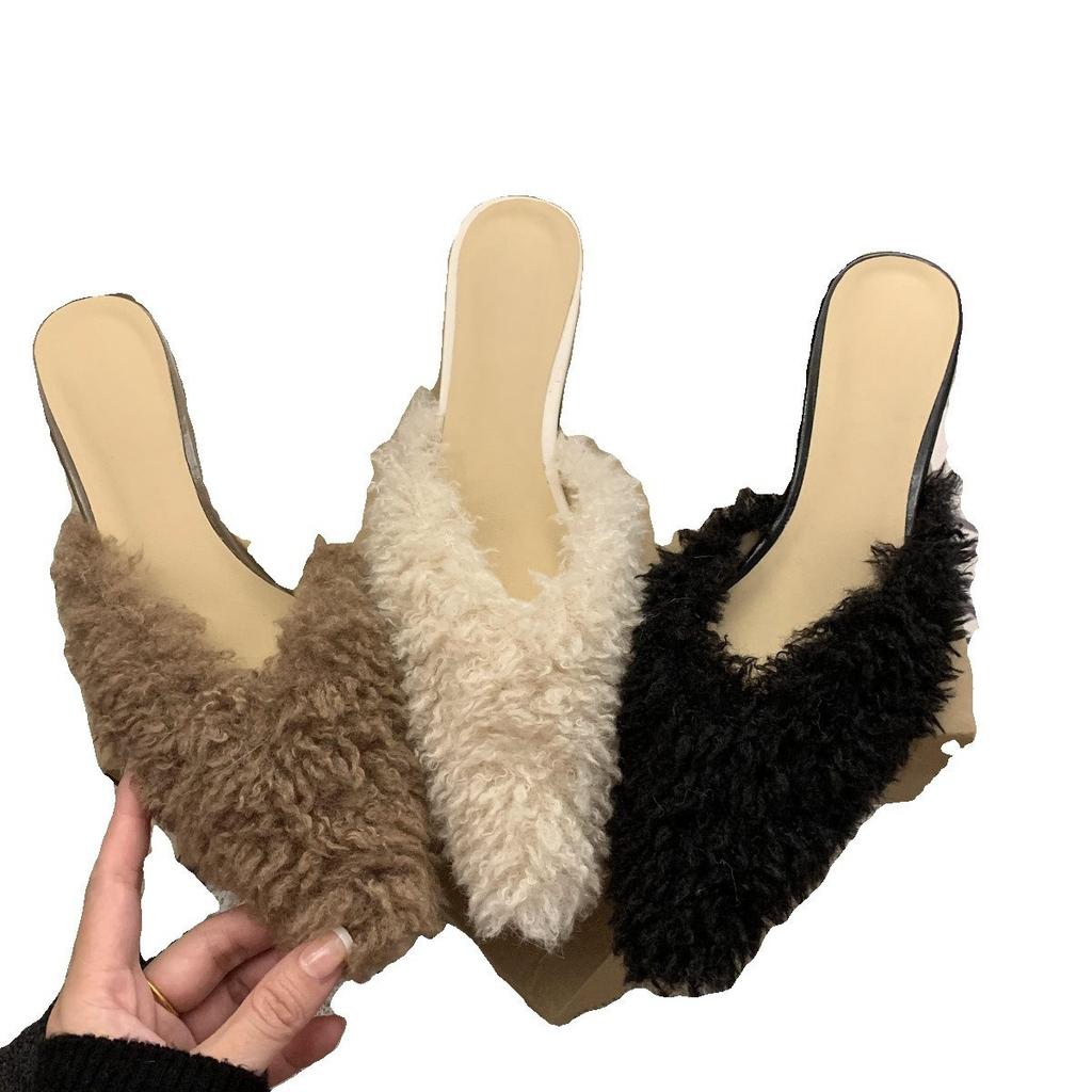 Дизайн смысл ниша темперамент заостренная голова пушистый полуперетаскивание французские высокие каблуки пушистая обувь осенне-зимняя одежда женская обувь тапочки