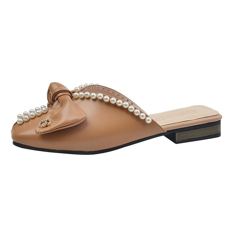 Модные милые шлепанцы с бантом для женщин 2024 Весенне-летние мюли Сексуальные шлепанцы с низким вырезом на плоской подошве Квадратные женские шлепанцы с закрытым носком