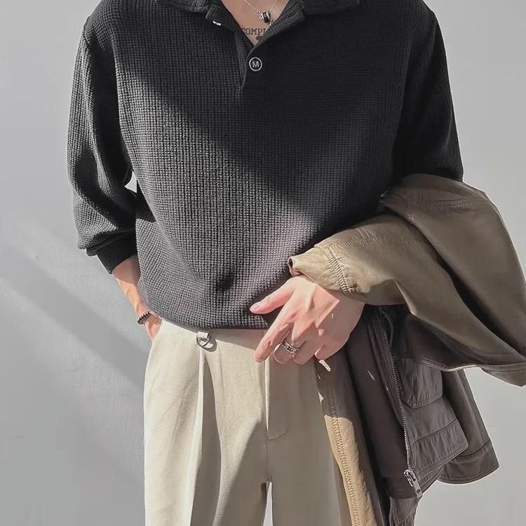 Мужское поло с длинным рукавом из вафельной ткани — модная свободная футболка на весну и осень