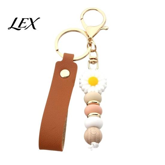 Flower Charm with Wood Beads Silicone Keychain Faux Leather Wristlet, Car Key Floral Ring Pendant Pendant, Handbag Backpack Women