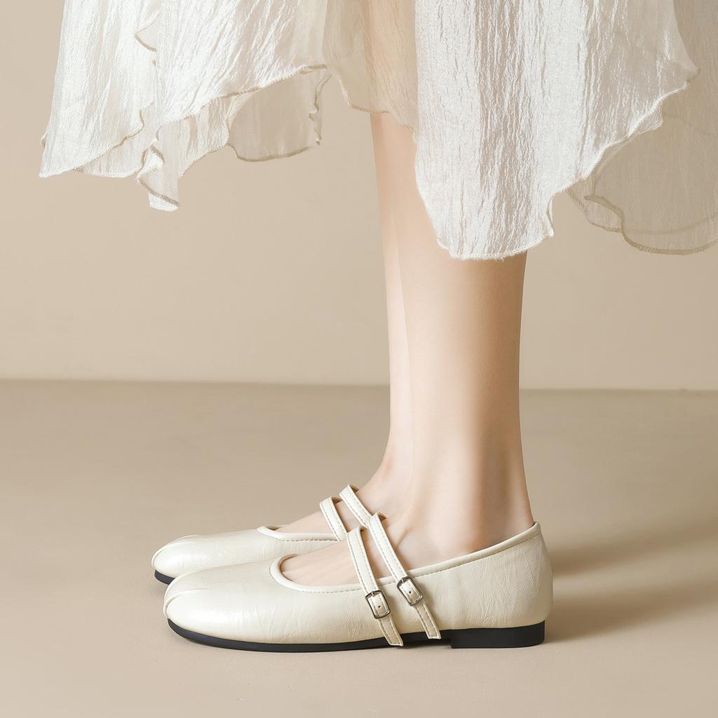 Fashion Double Belt Buckle Flats Loafers Woman Solid PU Leather Tabis Shoes Barefoot Mary Janes Ladies Daily Round Toe Mocassines Mujer