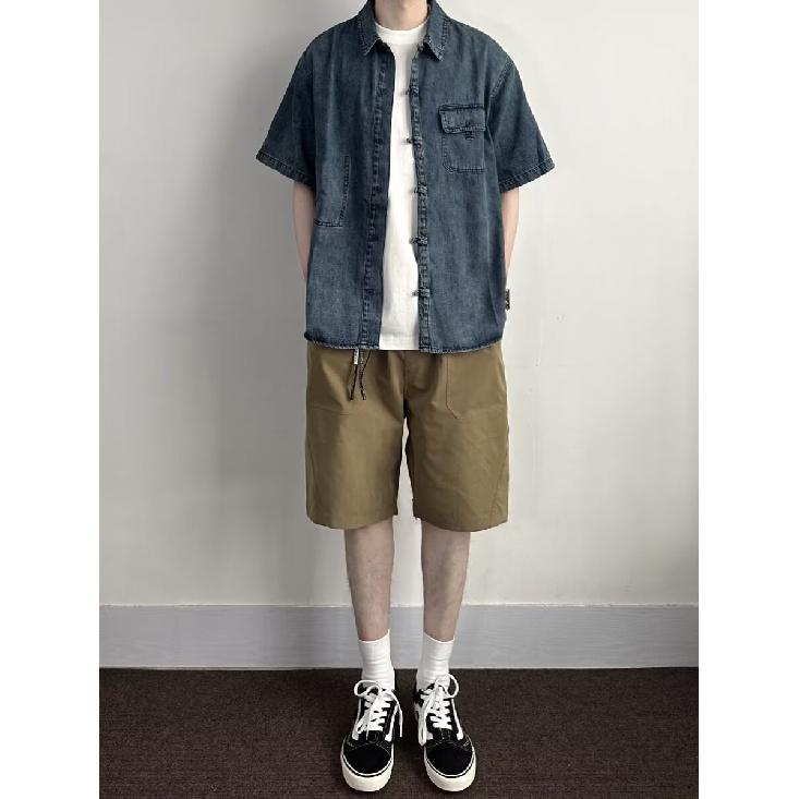 Летняя мужская новая стильная потертая джинсовая рубашка с короткими рукавами в стиле ретро, уличная модная рабочая одежда, рубашка в стиле милитари