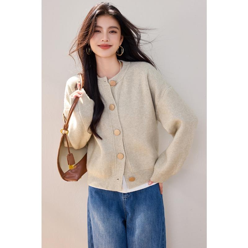 Elegant Fashion Korean Style Autumn Winter Women Knitted Cardigan O Neck Knitting Loose Casual Outerwear Ladies' Basic Warm Overcoat