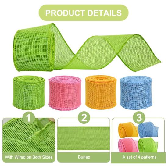 4 Rolls Colored Ribbon 5m Burlap Wired Ribbons Color-Fast Craft Ribbon Accessories for Easter Wreath Gift Wrapping Wedding Bouquets