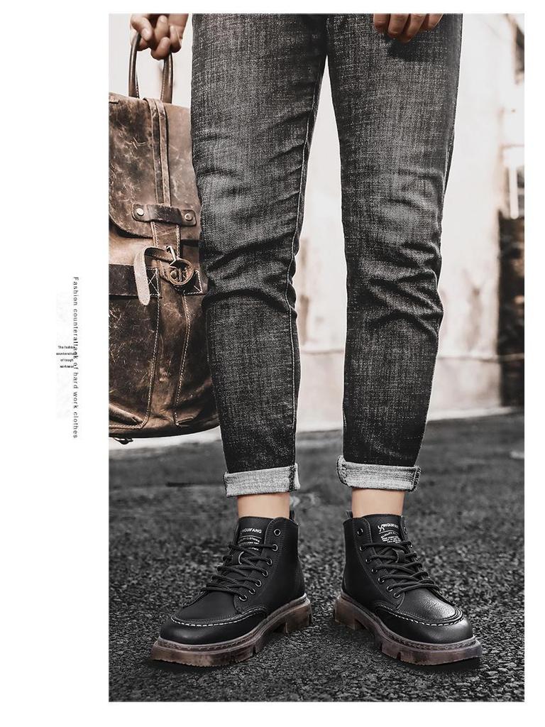 Men's 2024 Anti-Slip Soft Sole British Style Leather High-Top Boots, Work Boots, Martin Boots, Plus Velvet for Autumn and Winter.