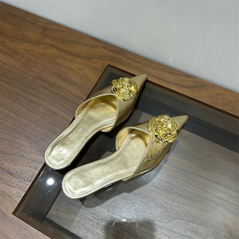 2024 Solid Color Summer Fashion High-heeled Slippers for Women Pointed Toe Lazy Half Slippers Women's Slippers Zapatos De Mujer