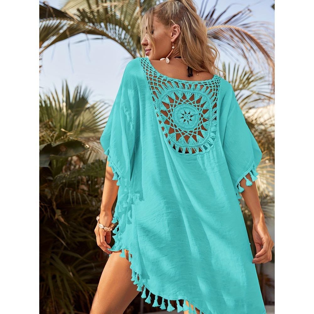 Вязаная крючком накидка в стиле бохо, женская накидка с круглым вырезом и кисточками, свободная посадка, женские купальники