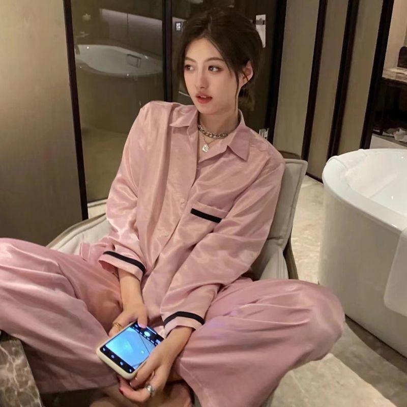 Шелковая пижама женская кардиган с длинными рукавами и длинными штанами пижамный комплект с принтом Kawaii Одежда Домашняя одежда