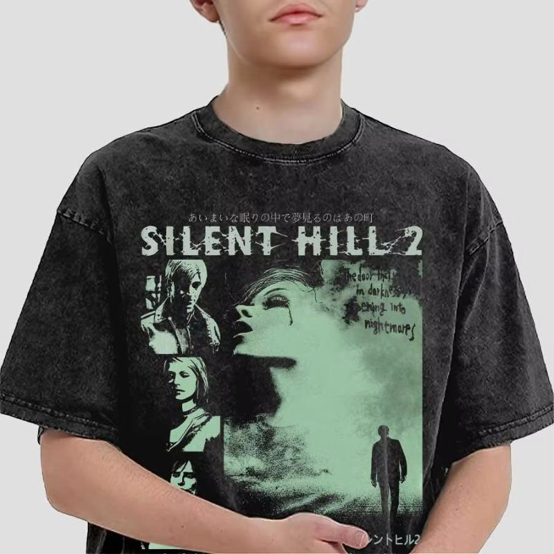 Silent Hill 2 Видеоигра Черная Ретро Игровая Оверсайз Футболка 100% Хлопок Винтажная Стиранная Футболка для мужчин женщин хип-хоп уличная одежда