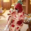 2023 Sweet Strawberry Плотный коралловый флисовый халат-комплект - Cozy Home Loungewear