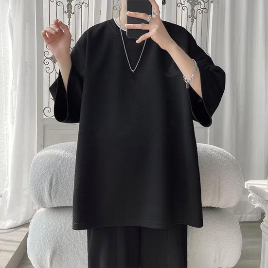 Летняя мужская футболка с круглым вырезом, свободная средней длины, сплошной цвет, вафельная текстура, плюс размер, половина рукава, уличная одежда в японском стиле, топ на открытом воздухе