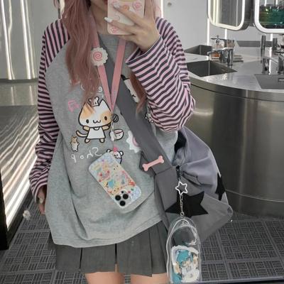 Милая Y2k Harajuku Kawaii полосатая толстовка женская японская лоскутная толстовка с мультяшным принтом женские осенне-весенние футболки
