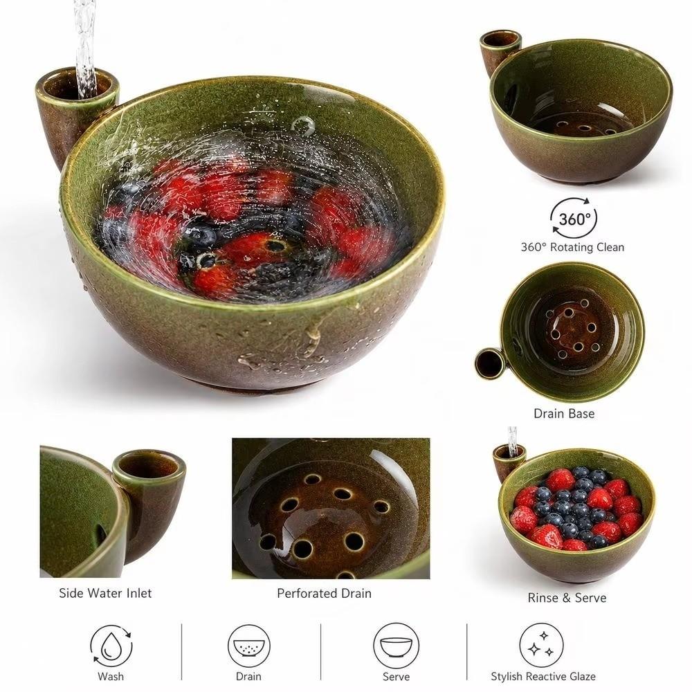 Ceramic Swirl Berry Washing Drain Bowl Dynamic Vortex Fruit Cleaning Bowl for Vegetable Fruits