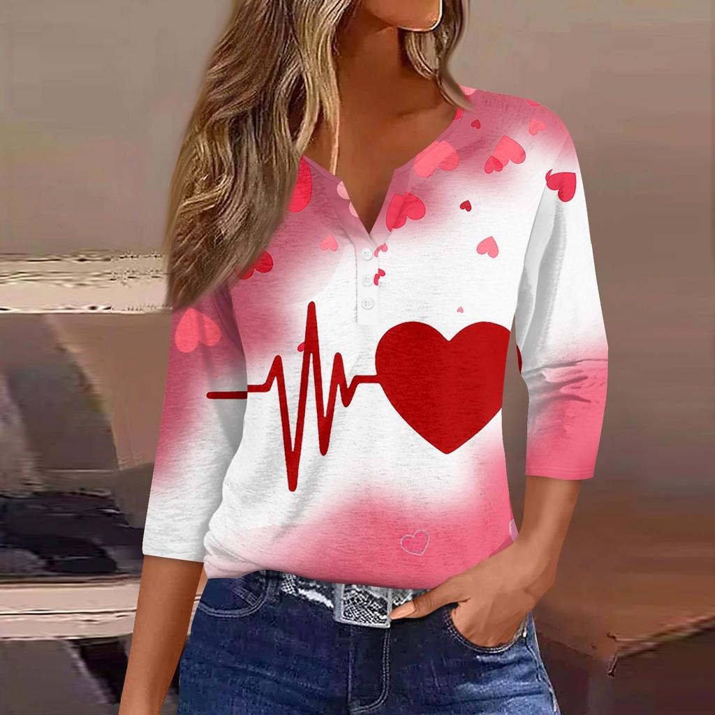Жен. Футболка Футболка С принтом Пуговицы Рукав 3/4Ежедневно Выходные Мода Классический Топ с v-образным вырезом Обычный