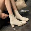 Rhinestone Buckle French Square Head High Heel Elastic Thin Boots Versatile Commuter Thick Heel White Short Boots Women'S Spring Autumn Single Boots