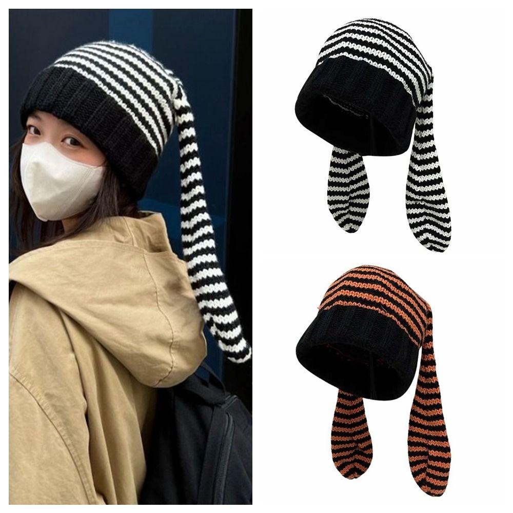 Harajuku Women Beanie Hat Y2K Stripe Skull Cap Casual Rabbit Ears Hat Outdoor