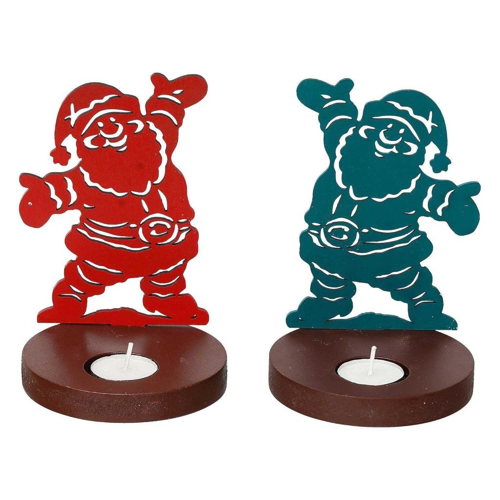 Christmas Santa Claus Showpiece Decorative Tea Light Candle Holders (Set of 2 Wooden Red Green) for Home Office - Gifts for Family Friend