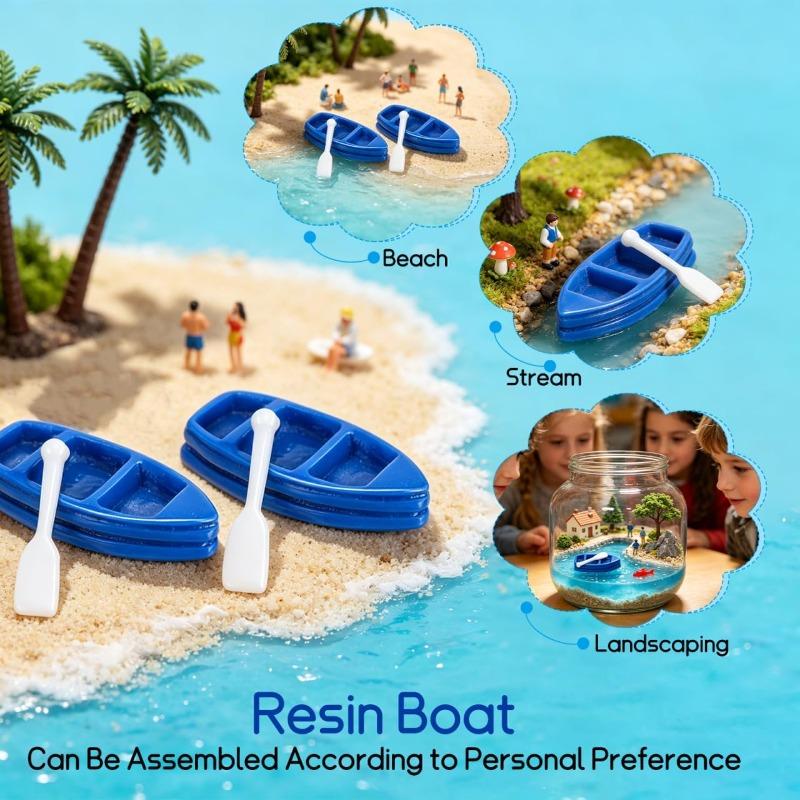 20Set Miniature Resin Rowboat with Oars Dark Blue Tiny Boat Model for Dollhouse Cake Topper DIY Craft Projects Beach Theme Party Decor