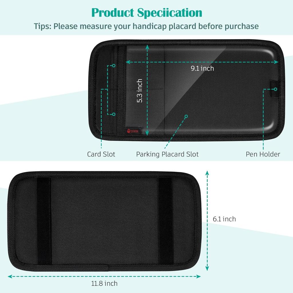 SITHON Handicap Placard Holder For Car Visor, Disabled Parking Permit Sign Protector With Pen Holder, Card Slots And Elastic Strap, Black