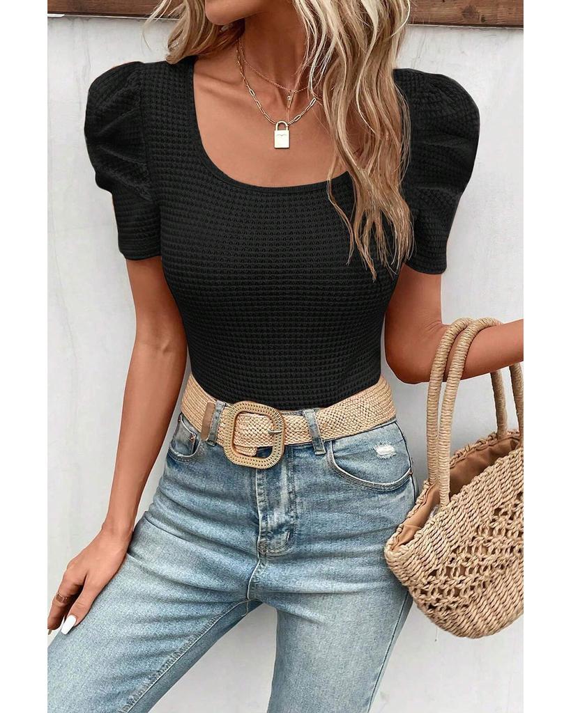 Azura Exchange Black Waffle Knit Ruched Puff Sleeve Top