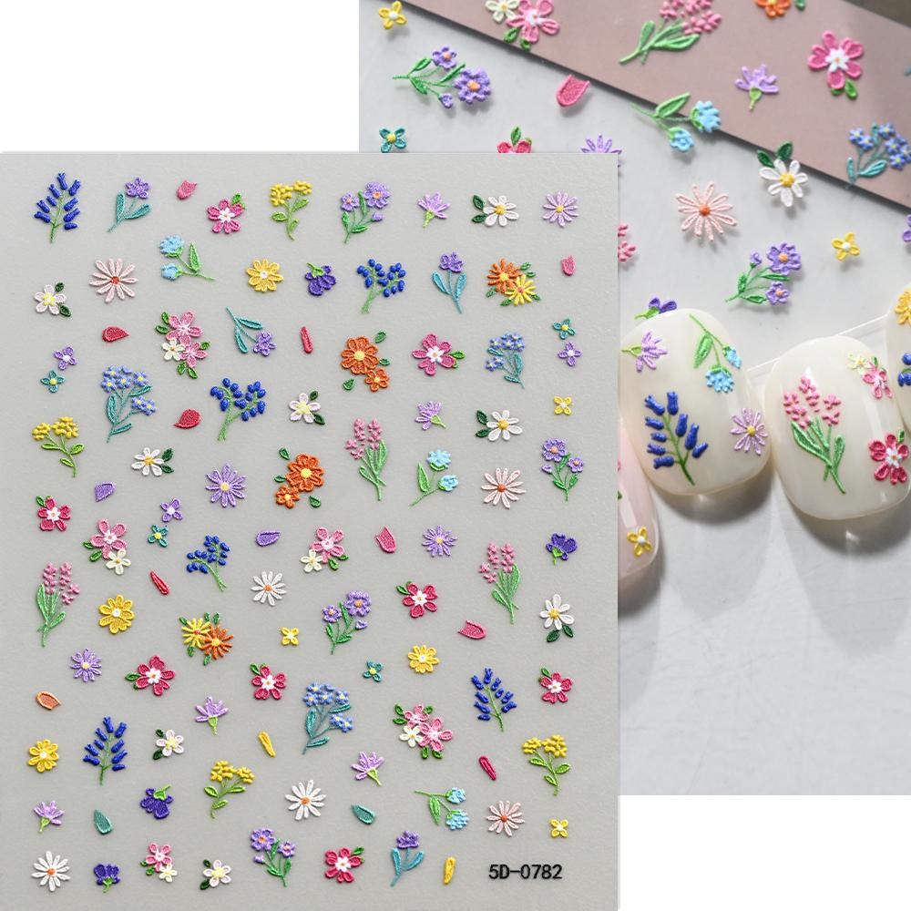 1pcs 5D Relief Cute Mini Flowers Nail Sticker Pink Purple Daisy/Green Leaves Nail Decals 8x10cm Mancure Kawaii Floral Decoration