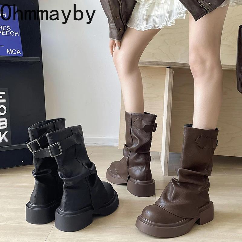 Fashion Vintage Women Western Cowgirl Boots Fashion Belt Buckle Shoes Autumn Winter Thick Heel Ladies Modern Short Booties