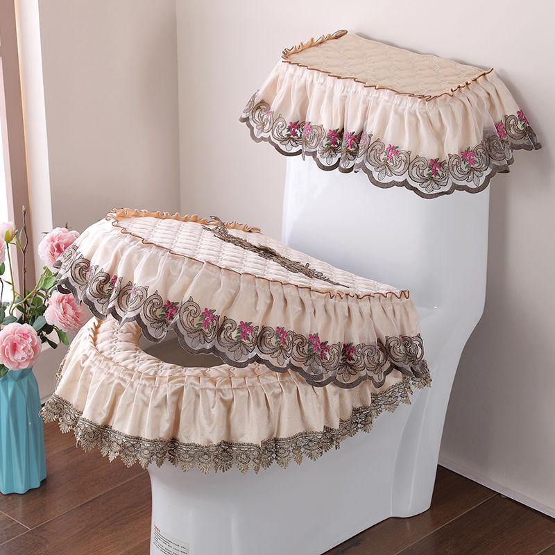 3 Pcs/Set Fabric Lace Toilet Mat Three-Piece Gold Velvet Toilet Seat Cover U-Shaped Zipper Toilet Pedestal Ring Toilet Cover