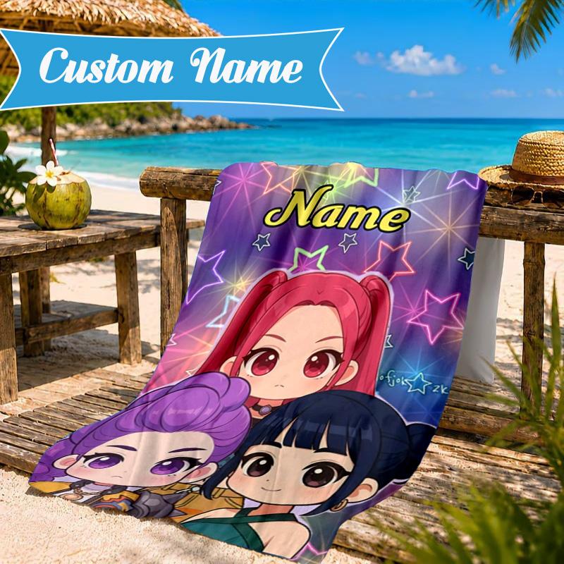 Custom Name KPop Cartoon Beach Towel Microfiber Beach Towel, Lightweight and Quick-Dry, for Summer Travel, Swimming Pool Gift