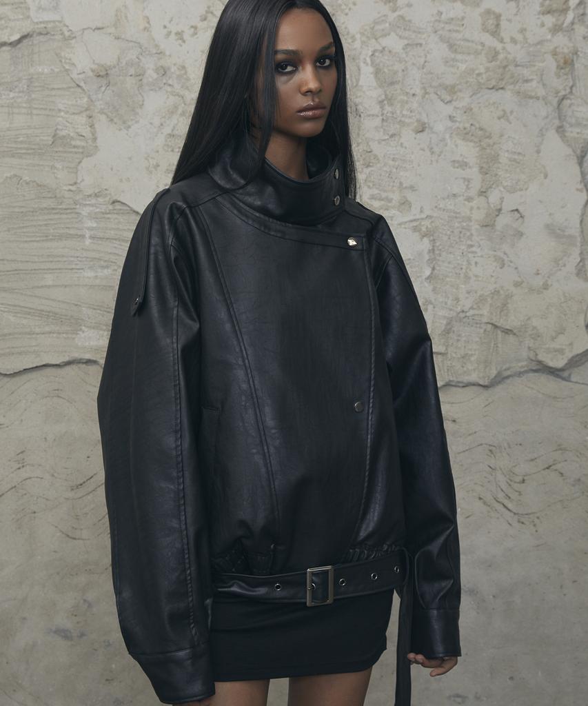 VOONT Belt High-Neck Leather Jacket (Black)