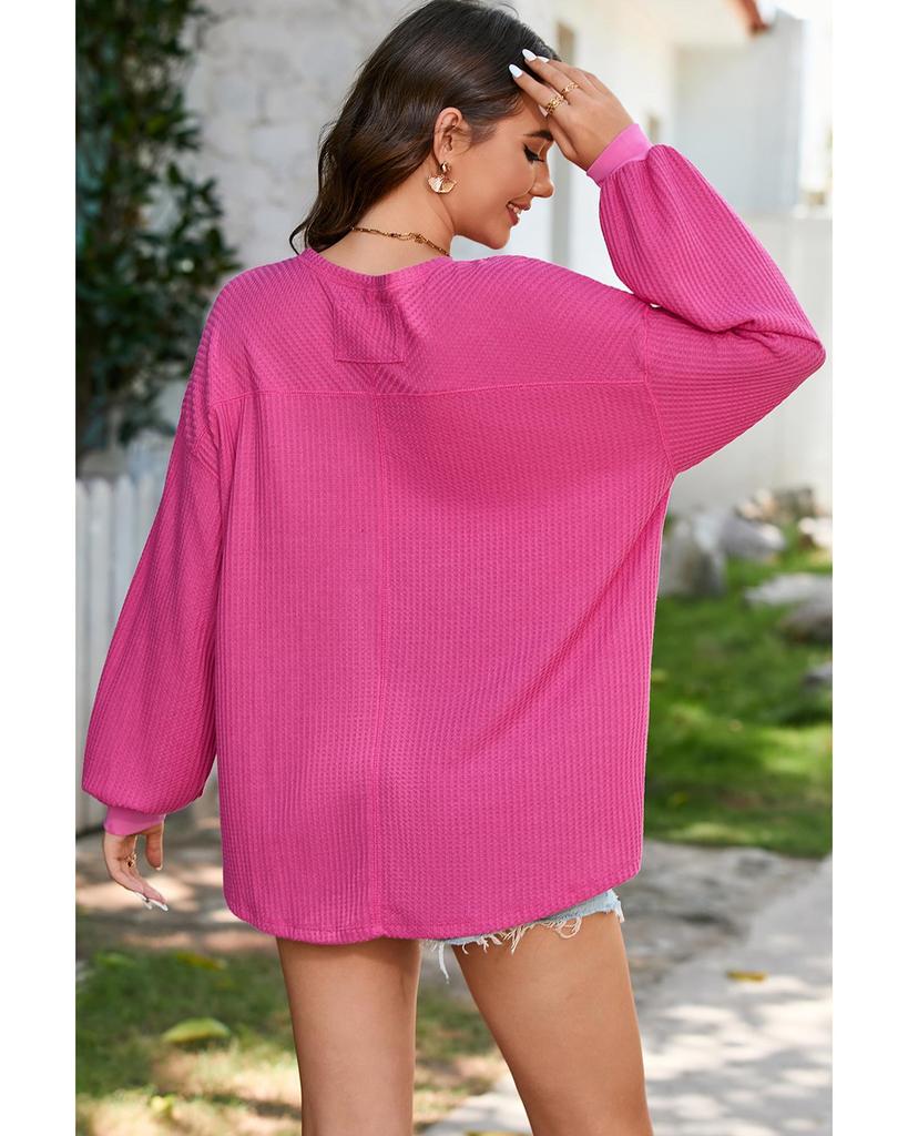 Azura Exchange Ярко-розовая вафельная блузка с V-образным вырезом, длинными рукавами и заниженной линией плеч