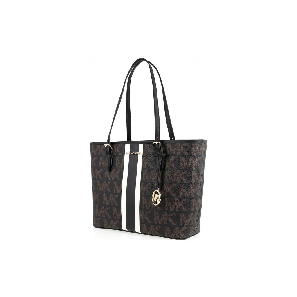 Michael Kors MK Jet Set Travel Сумка-тоут большого объема из кожи с черно-белой полоской Monogram Женская сумка-тоут 35S1GTVT2B-BLACK-COMBO