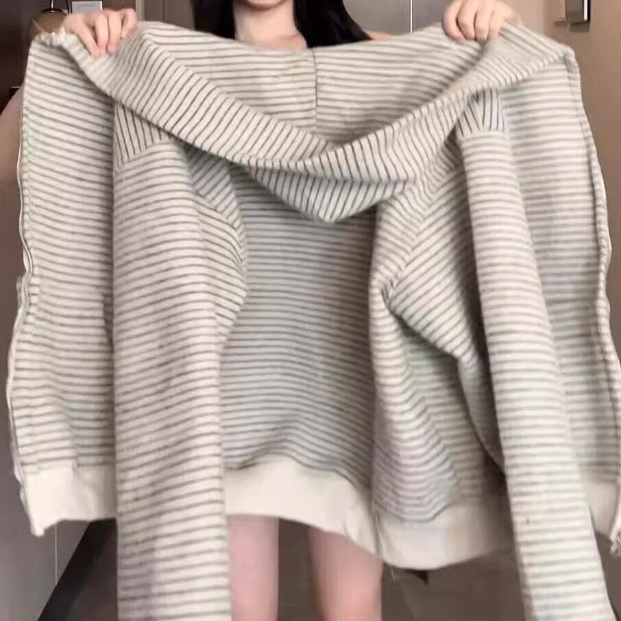 Women's Striped Zipper Hoodie Cardigan - Korean Style, Spring/Autumn 2026
