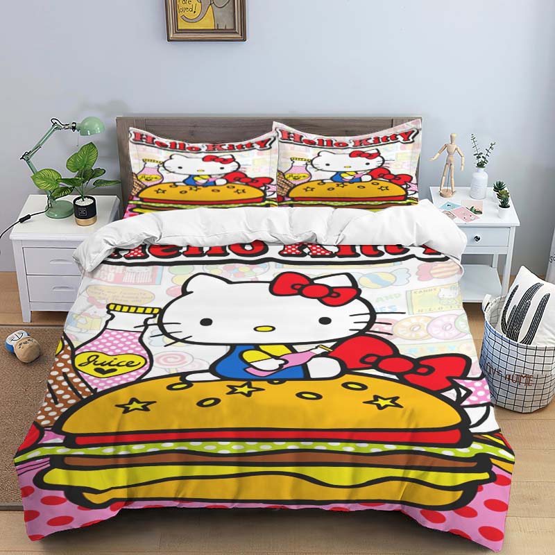 This adorable Hello Kitty printed cartoon duvet cover bedding set is a cute anime-themed home decor item suitable for both child