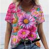 Summer V-neck 3D Printed Flower Pattern Top Fashionable Casual Short Sleeved Women's T-shirts