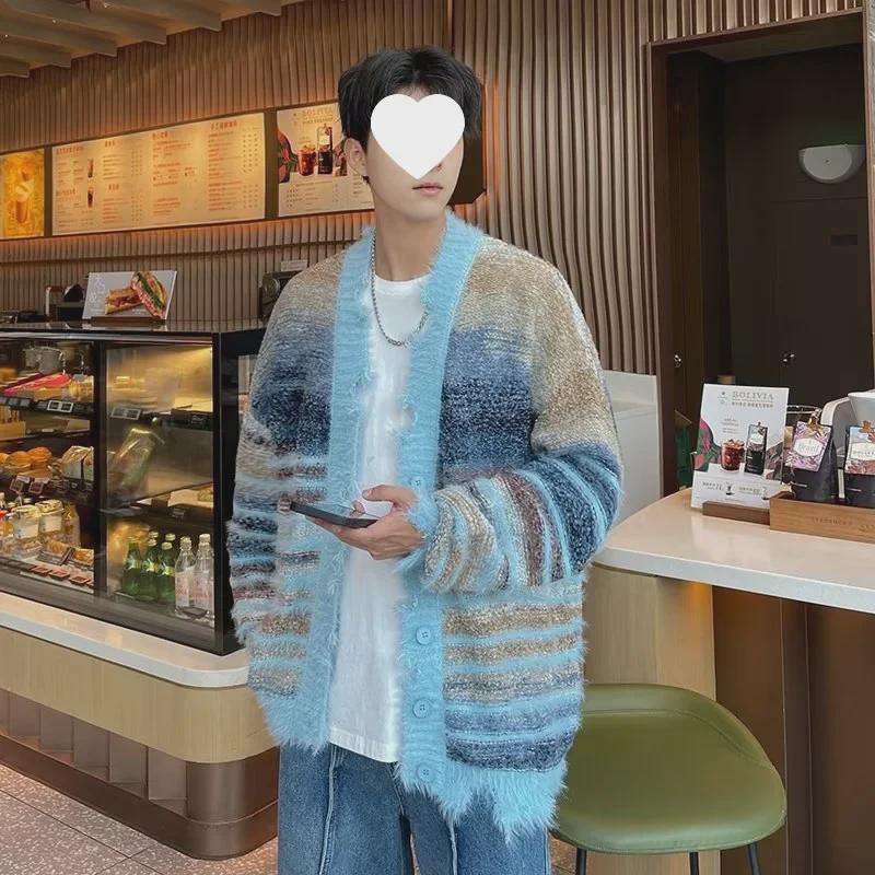 Кардиган в полоску с градиентом унисекс - повседневный вязаный свитер с длинными рукавами на осень/зиму