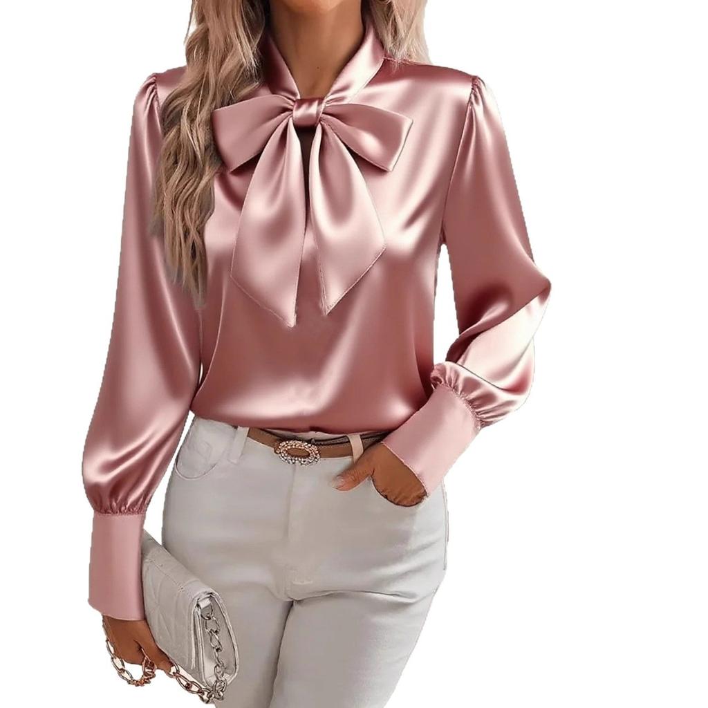 Autumn Long Sleeved Bow Satin Women's Blouses & Shirts