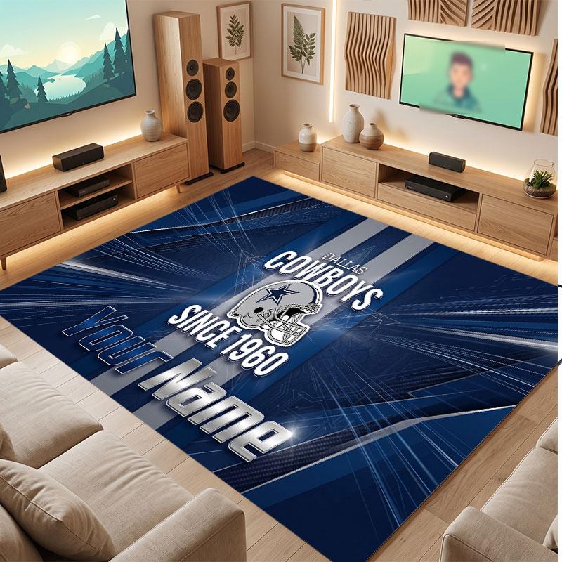 Dallas Cowboys Personalized Crystal Velvet Carpet, Customized Name Text Soft Anti‑Slip Rug for Living Room Bedroom