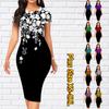 Slim Short Sleeve Knee-length Dress Fashion Women Midi 3D Full-blown Flowers Print Dress