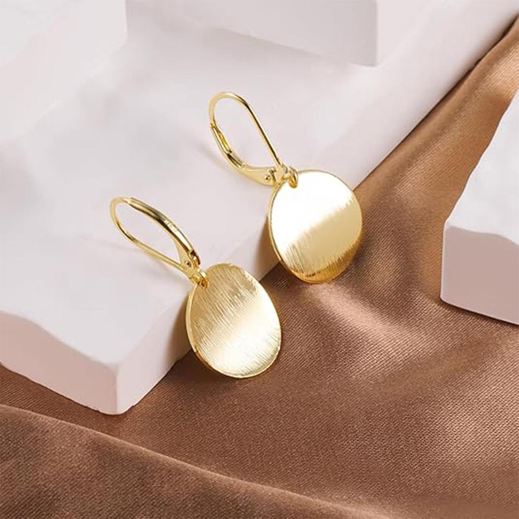 Round Geometric Drop Earrings Gold/Silver Tone Circle Disc Coin Flat Brushed Drop Earring for Fashionable Women