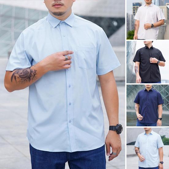 Lapel Short Sleeve Solid Color Plus Size Men Shirt Single Breasted Causal Loose Solid Color Work Shirt Streetwear