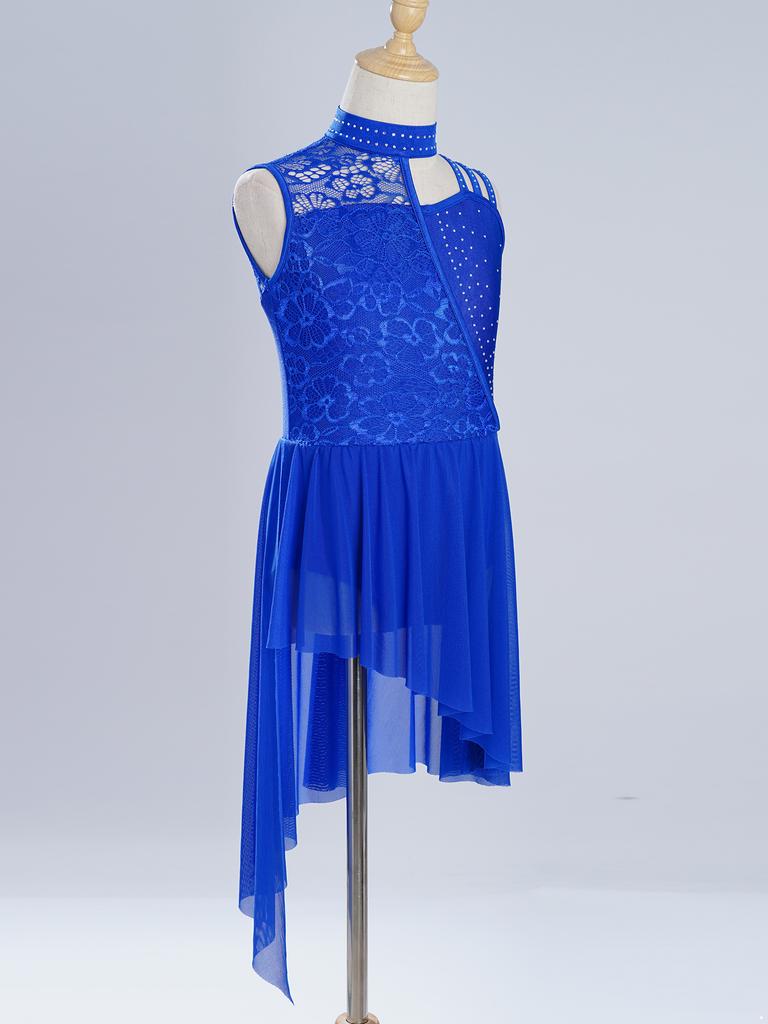 Платье-купальник без рукавов с воротником-стойкой – Асимметричное плечо, Цветочное кружево со стразами, Неровный подол для лирического танца