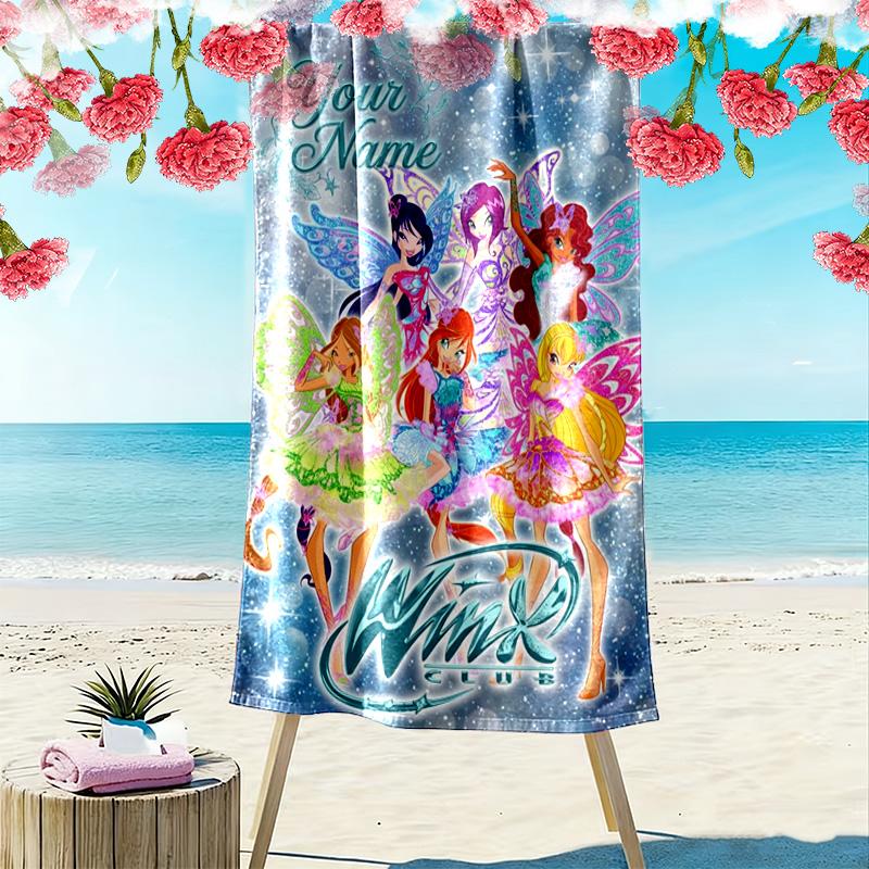 Name Custom Winx Club Cartoon Print Beach Towel, Large Soft Quick Dry Towel for Beach Camping Swimming