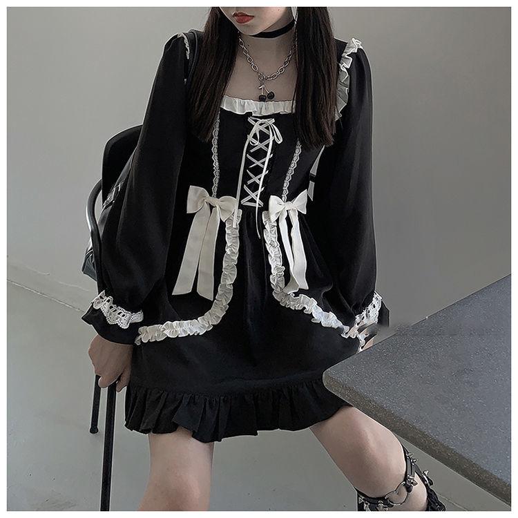 Японское готическое платье Лолиты, женское винтажное платье с квадратным воротником и длинными рукавами для молодой девушки, платье с высокой талией и пышными рукавами, кружевное платье с оборками