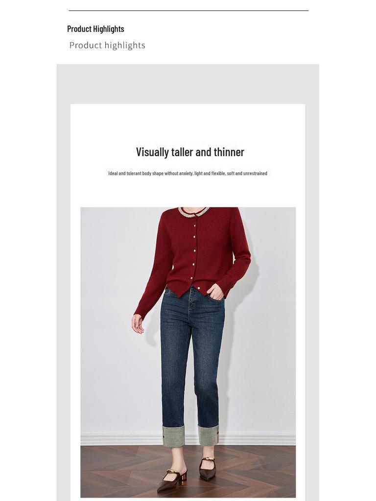 Узкие прямые джинсы Nanyou с вышитыми бархатными манжетами - женский зимний стиль