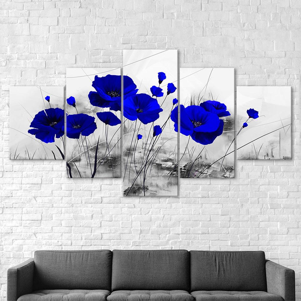 Blue Poppy Flower Plant Abstract Scene 5 Piece Five Panel Wall Canvas Print Modern Art Poster Picture Home Decor Gift For Him For Her