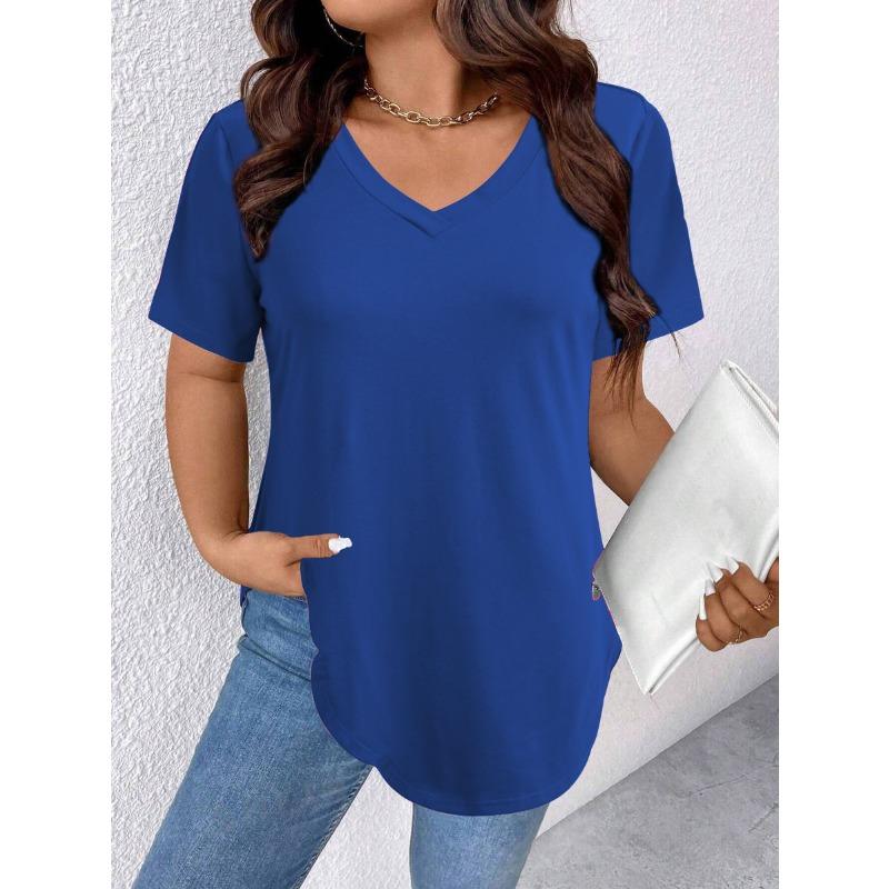 Летняя однотонная свободная футболка с короткими рукавами и V-образным вырезом, трикотажная футболка большого размера с короткими рукавами для женщин