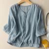 Women's Retro Cotton Linen Blouses Women's Summer 3/4 Sleeve Button Solid Top Blusas Korean Style Pullover Tops Casual Blouse