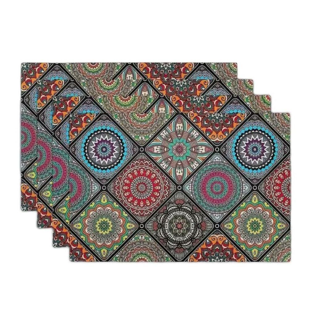 4Pcs Rectangular Boho Mandala Placemats Linen Floral Dining Mats Geometric Table Mat  Dinner