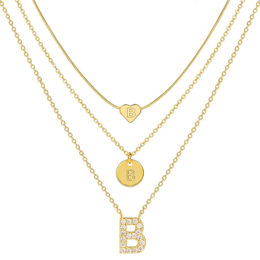 17KM 3 Pcs Plated Heart Initial Necklace Sets for Women Fashion Multilayer Letter Choker Necklaces Copper Metal Jewelry Gift